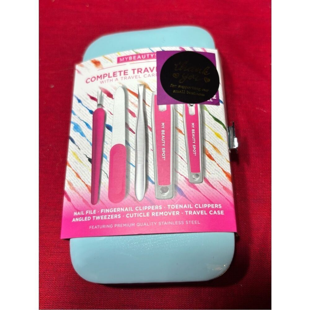 6 pc New Complete Travel Nail Care Kit - Light Blue & Pink
